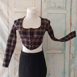 Mixed threads crop plaid long sleeve stretch scoop neck top/XS/brown blk